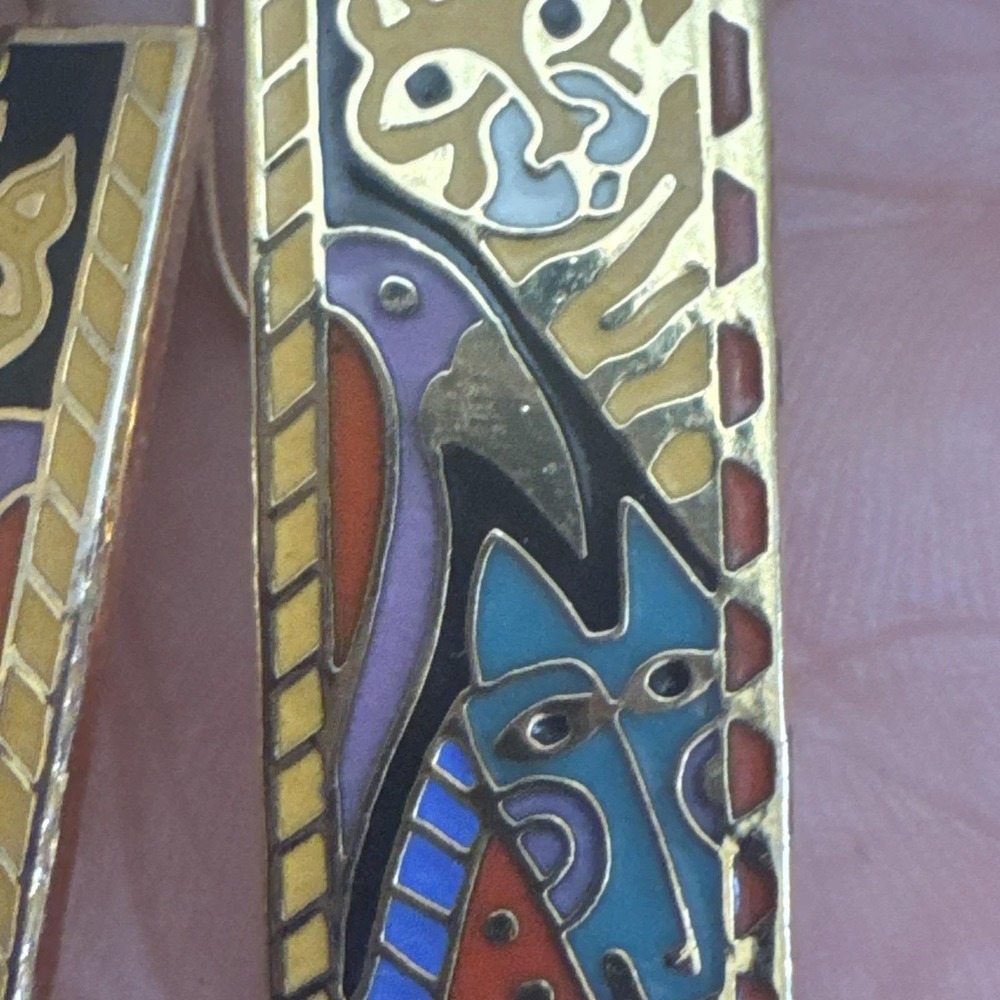 Laurel Burch 1980's"Jungle Friends"Gold Cat Bird Cloisonné Dangle Earrings Rare! - Picture 9 of 13